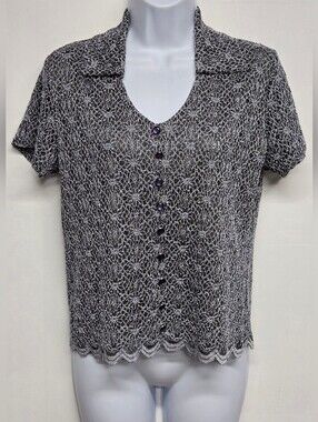 Nicola M Top Vintage Collared V Neck Short Sleeve Decorative Buttons Lace